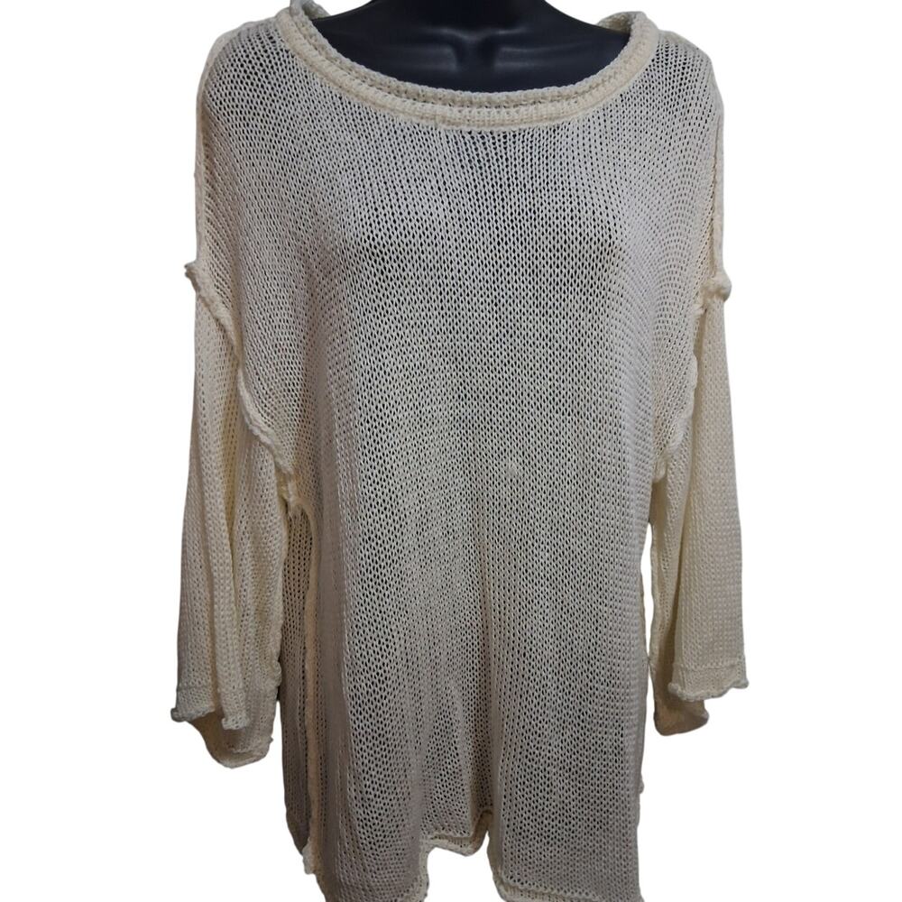 Pol Shirt Medium Cream Open Knit Top Lagenlook Relaxed Bohemian Casual Festival - Picture 2 of 12